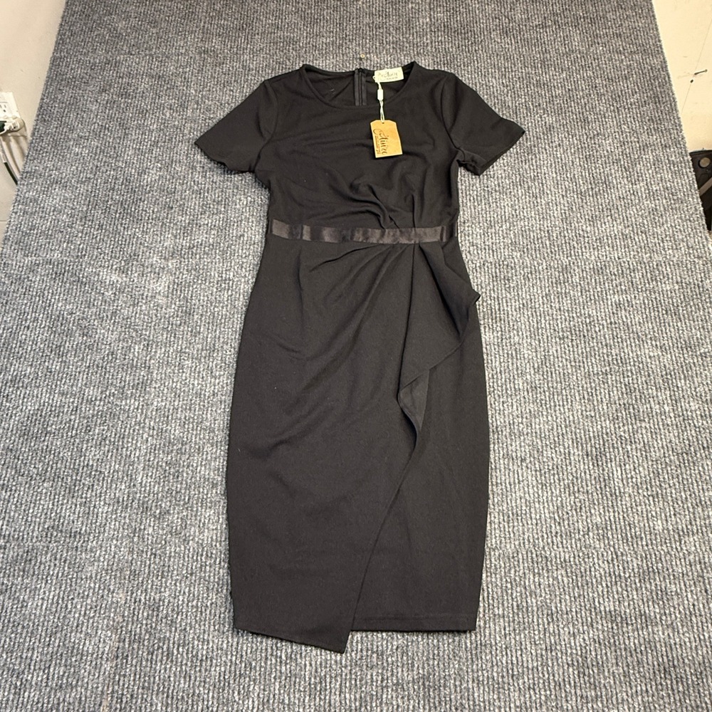 Aisize Womens Black Short Sleeve Sheath Wrap Dress Satin Waist A70002 Size S NWT